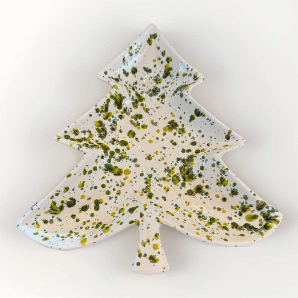 Vintage 8.5” MCM Modern Confetti Ceramic Christmas Tree Green White Holiday Dish